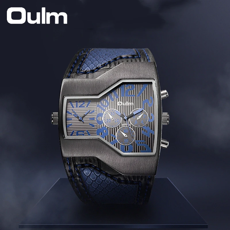 Oulm Unique Dragon Texture Design Men\'s watches Two Time Zone Quartz Clock Male Sport Waterproof Watch Leather Strap Wristwatch