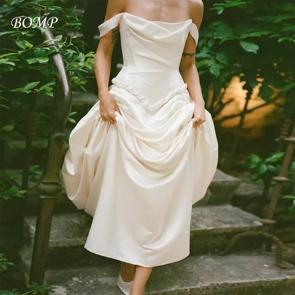 BOMP Elegant Draped ชุดแต่งงานปิดไหล่ Sweetheart Sweep Train Ivory Silk Taffeta ชุดเจ้าสาวที่กําหนดเอง Robe De Mariée