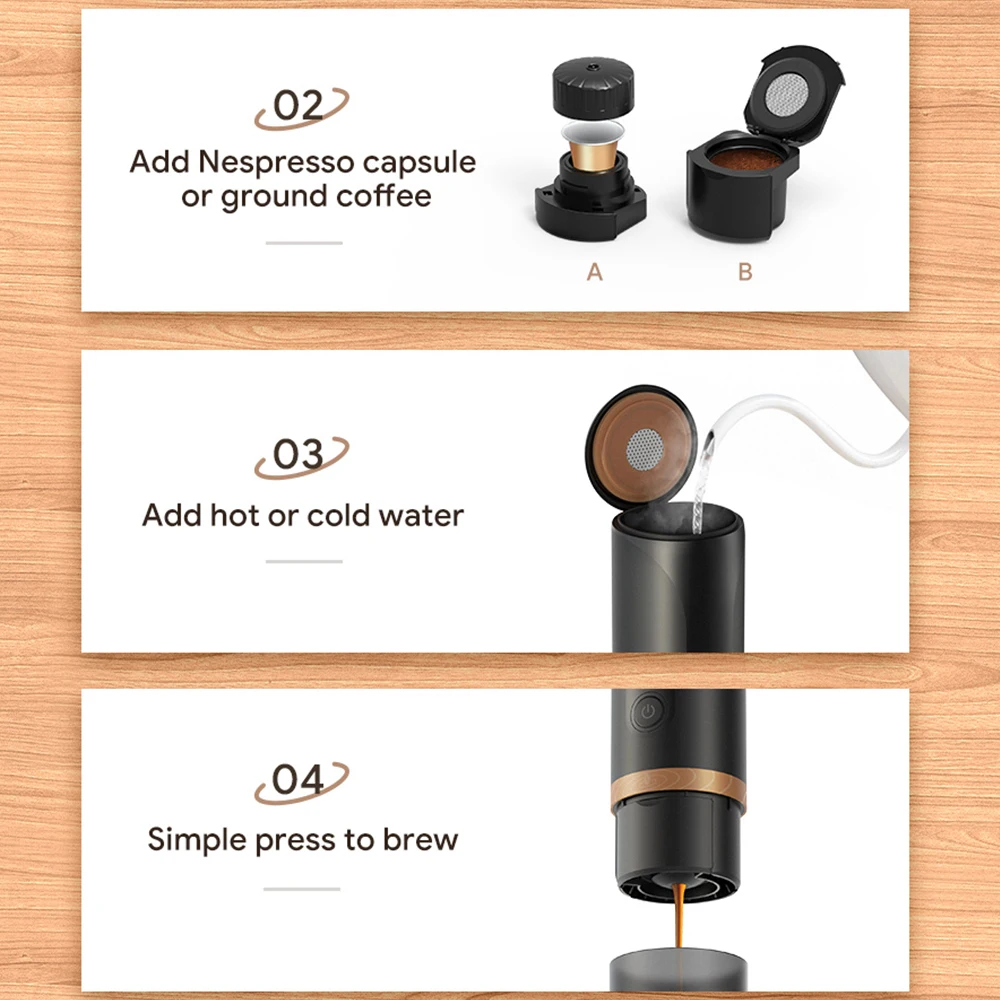 Portable Espresso Coffee Machine 2in 1 Fit Nespresso Capsule Coffee Powder Rechargeable Electric Coffee Maker  For Car & Travel