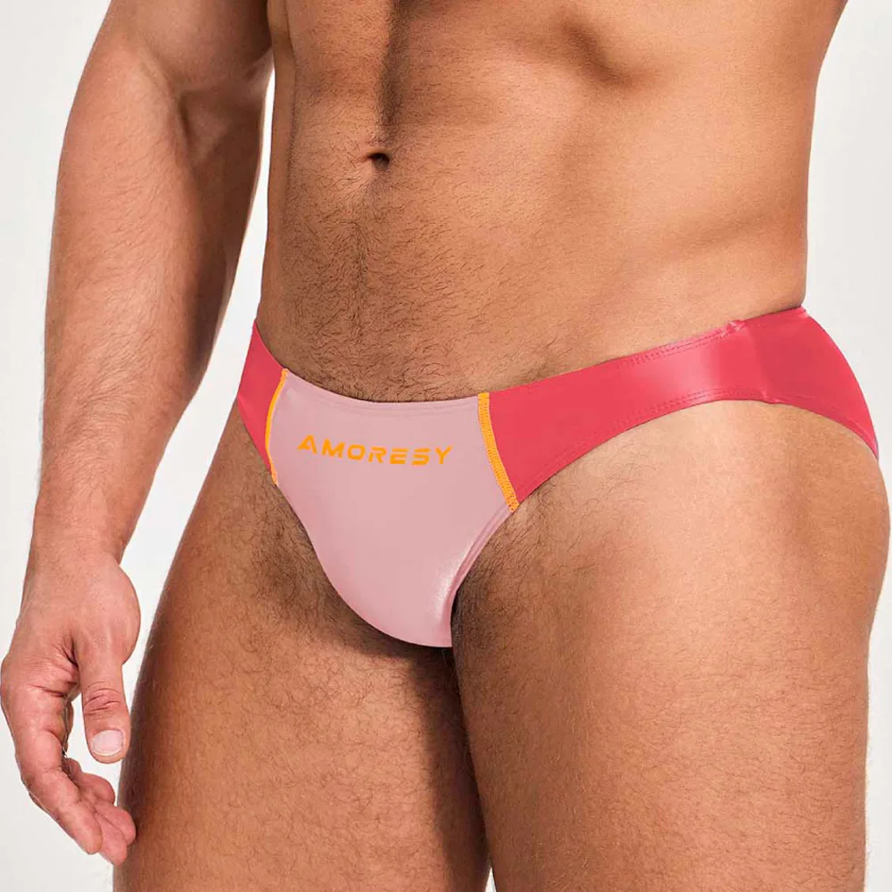 AMORESY-Men\'s Spandex Swimming Trunks, Matching Color, Ultra Low Waisted, Sexy Sports, Oily, Smooth, Silk Briefs