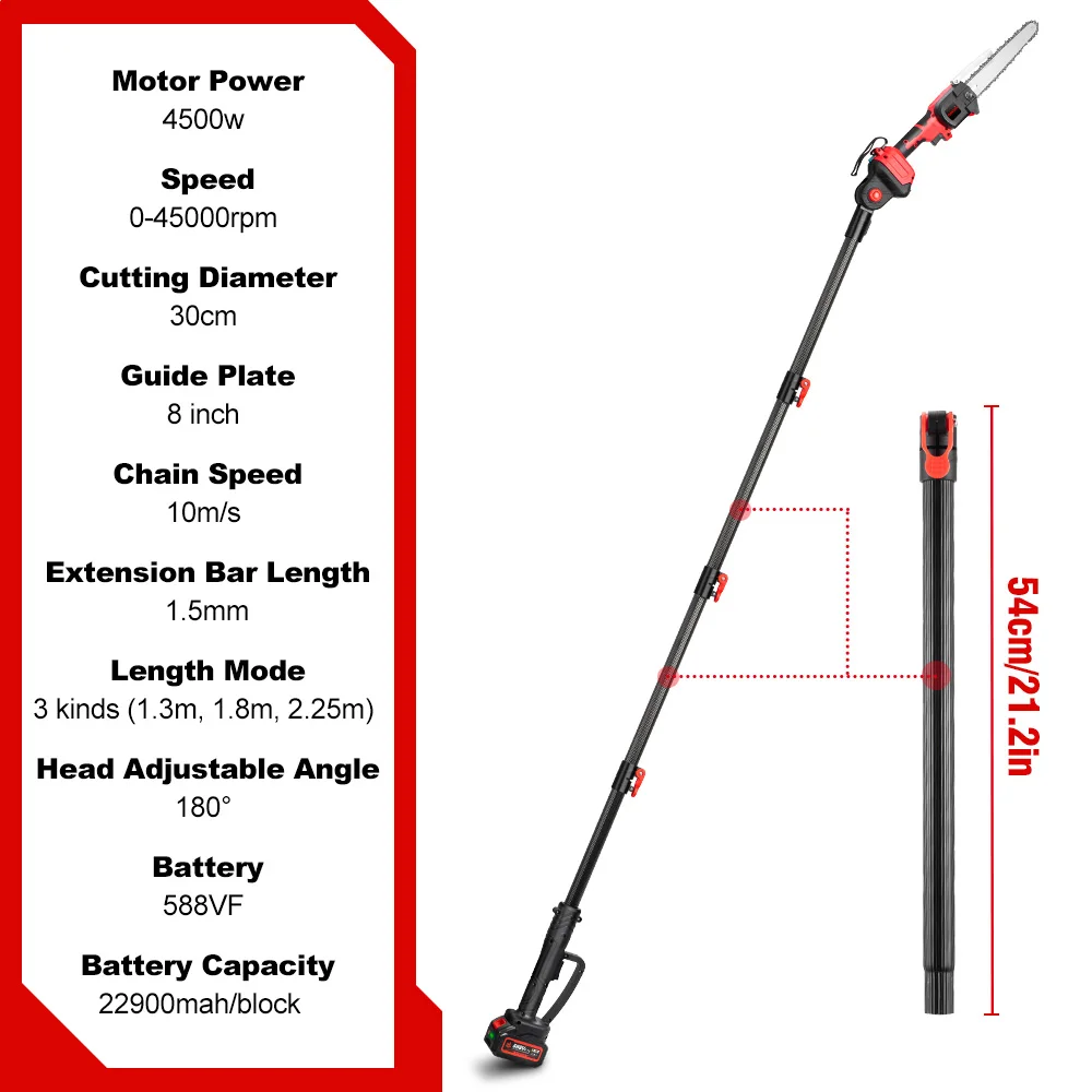 ONEVAN 8Inch Brushless Telescoping Pole Electric Chainsaw Scalable Height Cordless Pruning Saw Power Tool For Makita 18V Battery