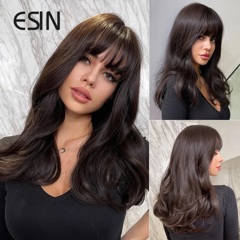 ESIN Synthetic Brown with Bangs Medium Length Curly Wigs for Women Natural Looking Wigs for Daily Use Pelucas De Cabello natural