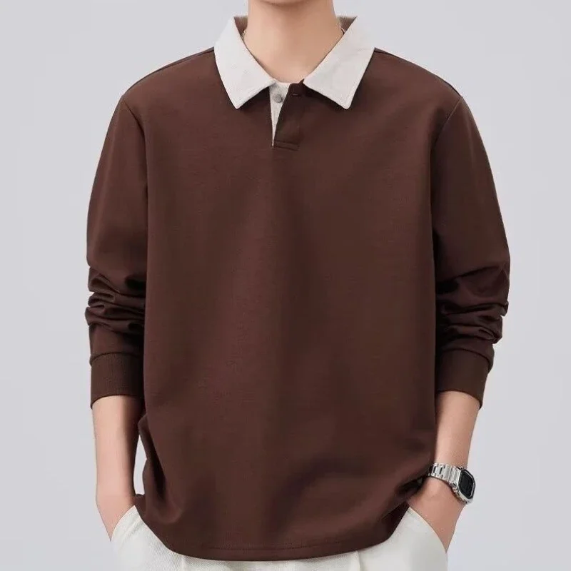 Korean Retro Contrast Polo Neck T-Shirt Men Loose Casual Fall Base Layer