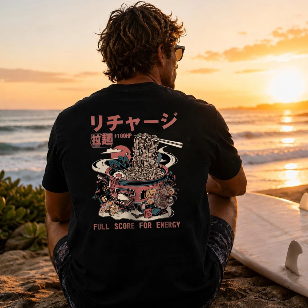 Herren Oversize-T-Shirt mit japanischem Ramen-Print – Schweres, gewaschenes Baumwoll-Streetwear-Shirt mit doppelseitigem Ramen-Print
