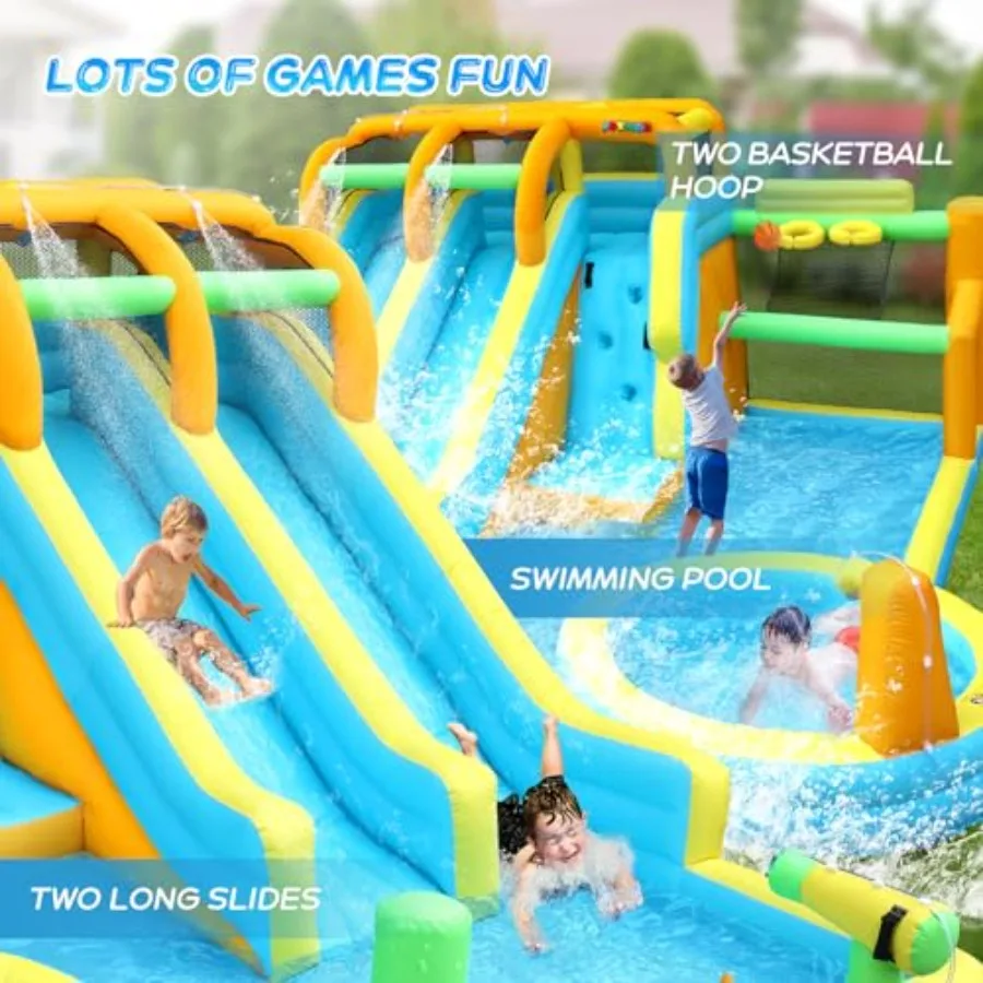 Backyard inflatable water slide for kids: PVC, blue and yellow, 11-in-1 with dual slides, pool, climbing wall, basketball hoops