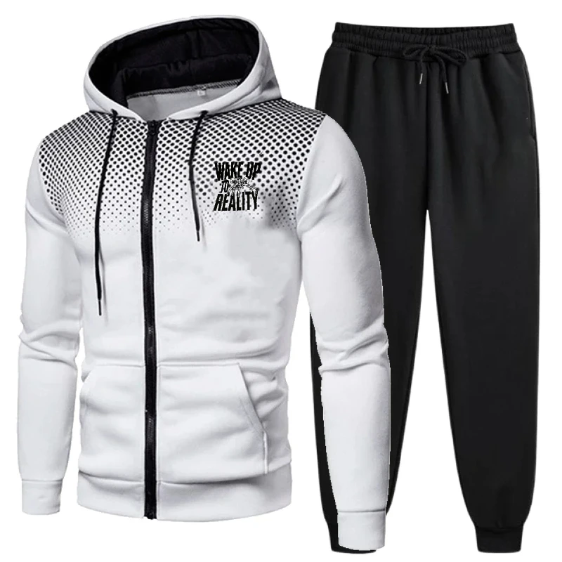 ชุดแจ็คเก็ตผู้ชาย สีดำแดงไล่เฉด พิมพ์ลายข้อความ Wake Up Reality เสื้อฮู้ดซิป สำหรับสวมใส่ลำลอง กิจกรรมกลางแจ้ง และกีฬา