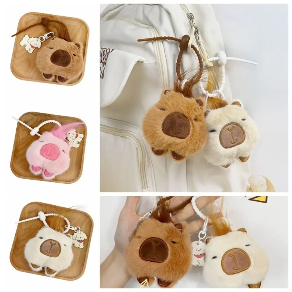 Long Hair Squeeze Capybara Pendant with Dog Keychain Plush Squeak Capyara Doll Keyring Stuffed Toy Squeezing Capyara Keychain