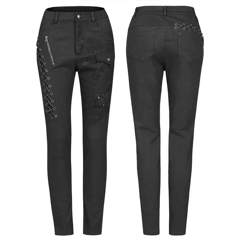 PUNK RAVE Women\'s Punk Daily Dark Denim Trousers Gothic Stitching Printed Skinny Pants Eyelet Through Rope and Zipper Design