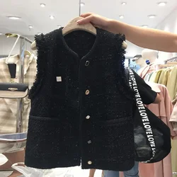 Autumn New Fashion Temperament Short Style Fragrant Wool Vest Jacket Women Black Waistcoat  Chaleco Mujer Coat Top