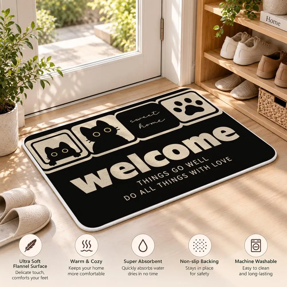 Black Cat Home Floor Mat Flannel Rug Soft Non Slip Door Mat for Bathroom Bedroom Entryway Home Decor Gift 4