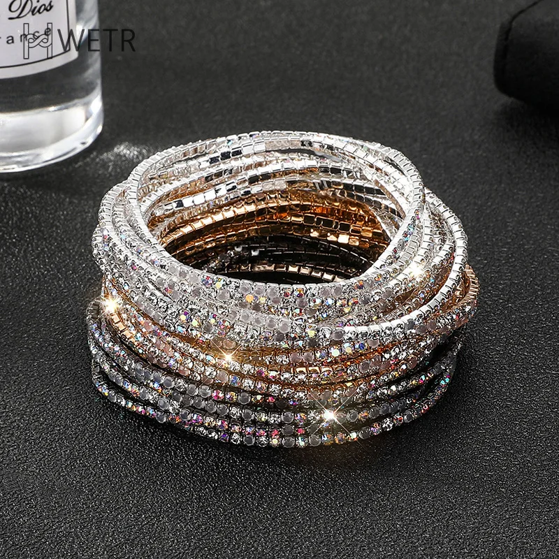 5Pcs/Lot Elastic Crystal Bracelets 2mm Charming Gold Color Crystal Rhinestones Metal Bangle Bracelet Jewelry DIY Gift