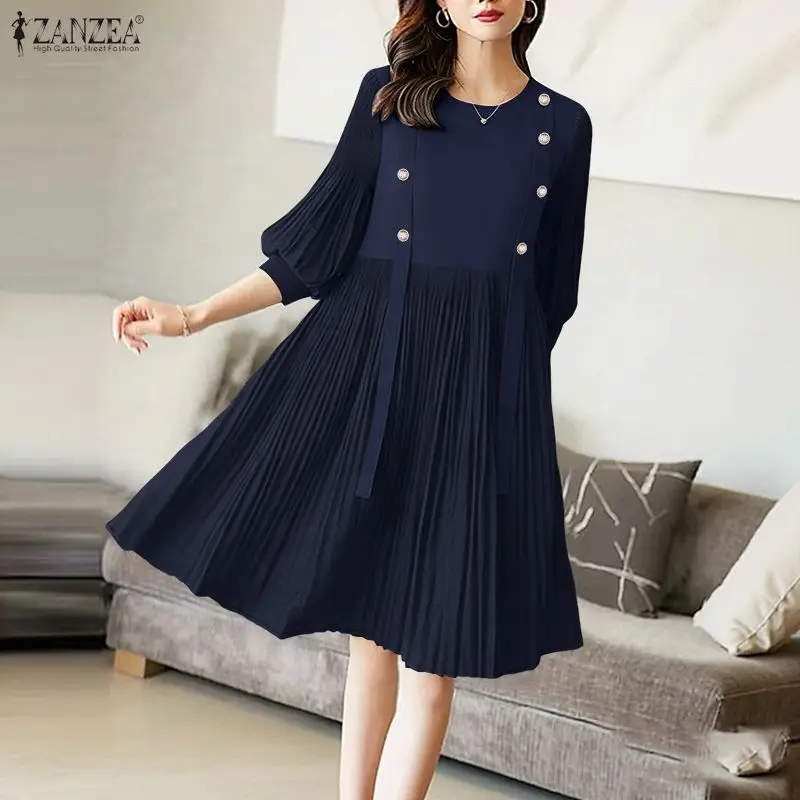

Women's Elegant Pleated Dress O-Neck 3/4 Lantern Sleeves Ribbons Detail Solid Color Knee-Length Dress ZANZEA Casual Commute Robe
