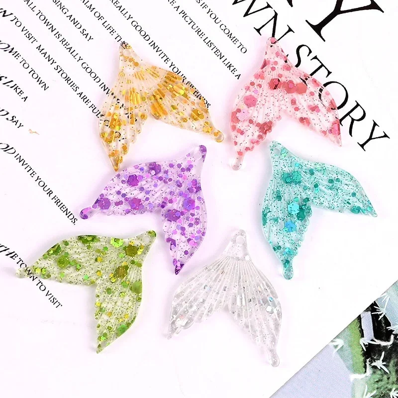 10Pcs Glitter Mermaid Tail Flat Back Resin Cabochon Charms for Jewelry Making Accessories DIY Earring Pendant Decoration Craft