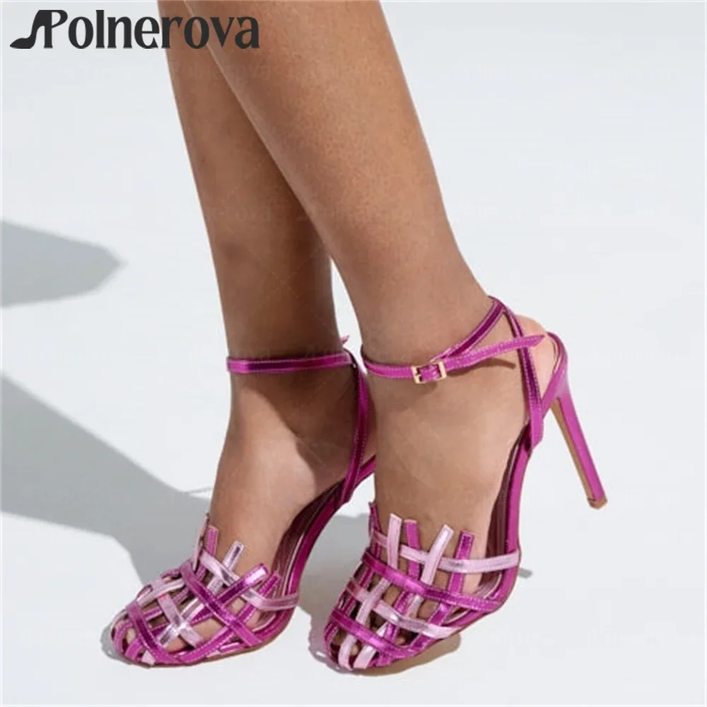 Pink Caged Sandals Almond Toe Stiletto Heel Summer Shoes Silver Metallic Buckled Straps Handmade Shoes Fashion Sandals for Women