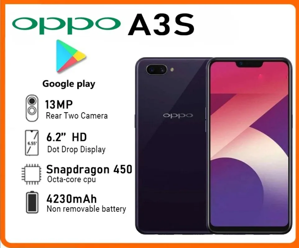 OPPO A3S Smartphone Global Firmware Android 8.1 6.2-inch CPU Snapdragon 450 4230mAh Camera 13MP Used Phone Mobile Phones