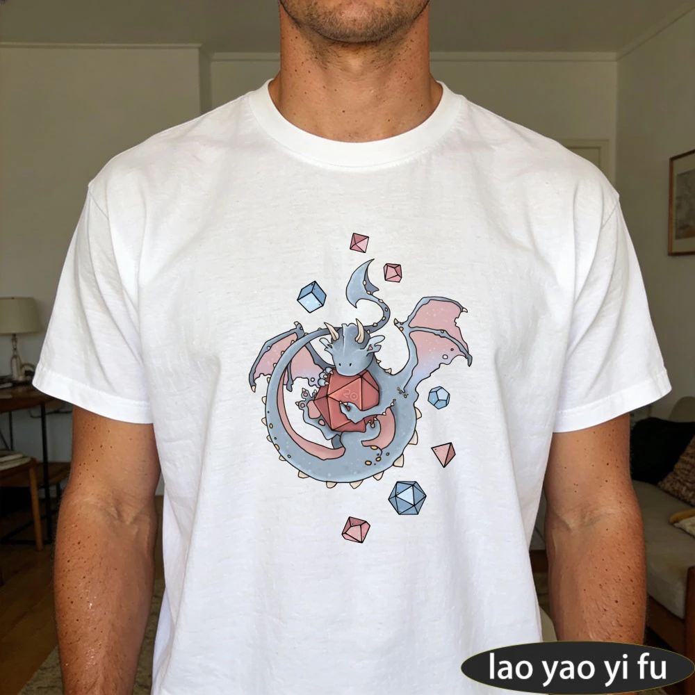 Cute Kawaii Pastel Dragon with Floating Polyhedral Dice Print T-Shirt Aesthetic RPG Streetwear Men Women Crewneck Cotton Tee