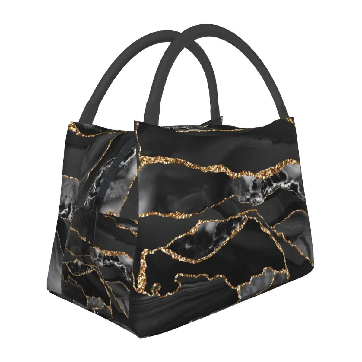 Glitter Marble Lunch Bag Black and Gold Fun Lunch Box Outdoor Picnic Portable Tote Food Bags Print Cooler Bag