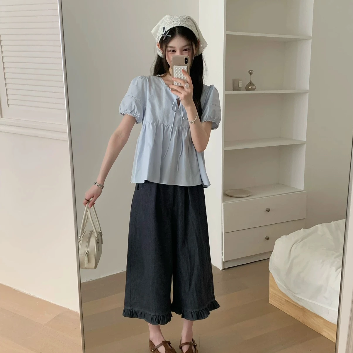 Chic Bow-Tied Ruffle-Edged Short Sleeved Doll Shirt Versatile Sweet Anti-Aging for Young Women in Their 20s Summer Collection