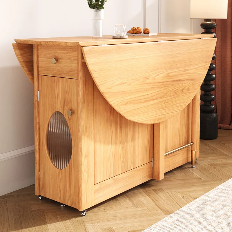 북유럽 원목 텔레스코픽 접이식 원형 식탁 소형 아파트용 고급스러운 탈착식 수납 애쉬 우드 식탁