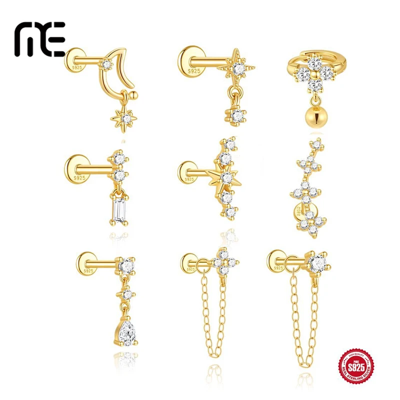 1PC Trendy S925 Sterling Silver Tragus Conch Helix Piercing Jewelry Earrings,Flat Back Cartilage Earrings for Sensitive Ears