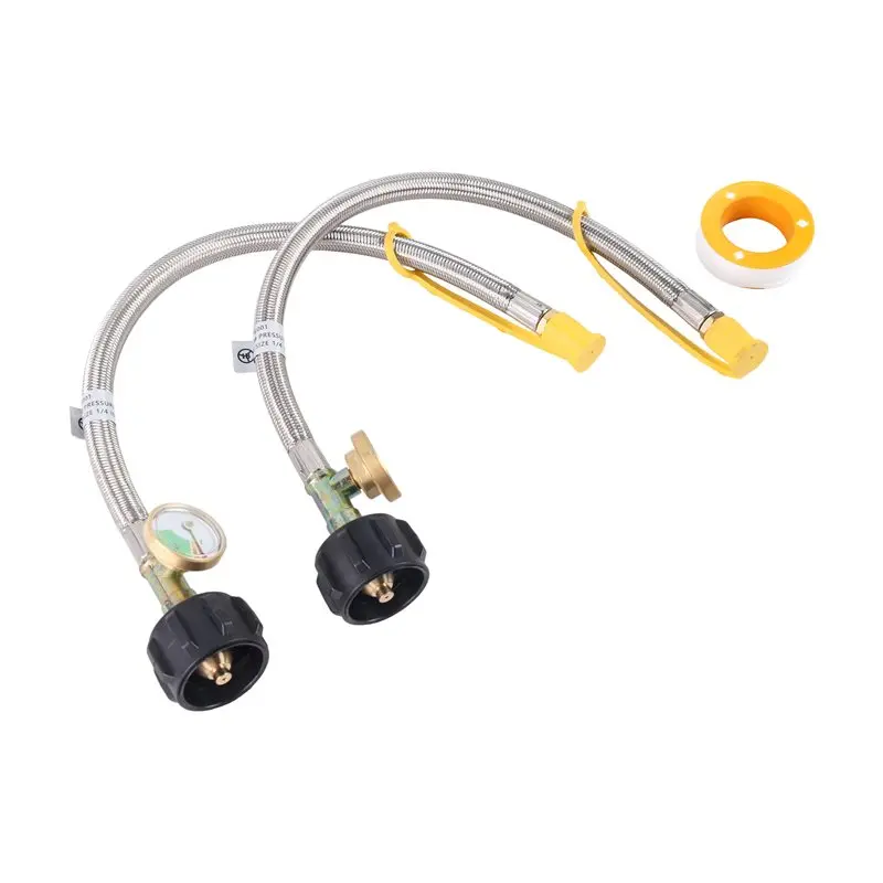 For RV For 2-Stage Regulator Propane Tank Hose 15-Inches, Stainless Steel, Includes Gauge, 1/4 NPT QCC Fittings 2 Pack