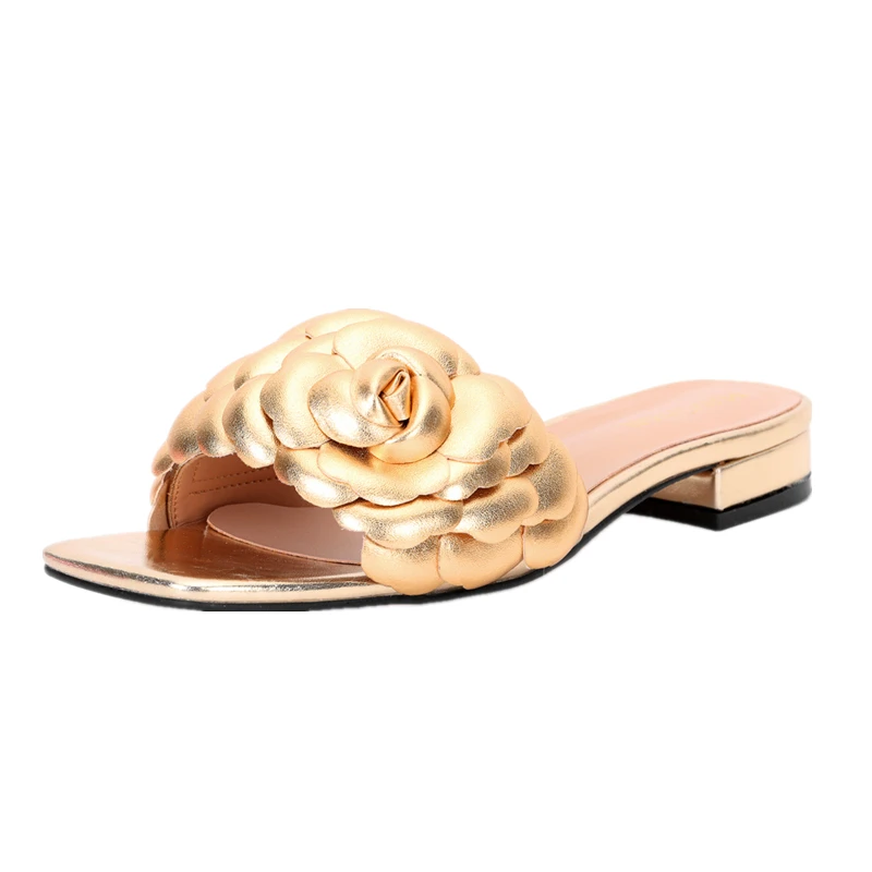 Latest Italian Design Summer Fashion Luxury Flat Heel Gold silver Pink Flower Women\'s Shoes plus size 38-44 Women Flat Slippers