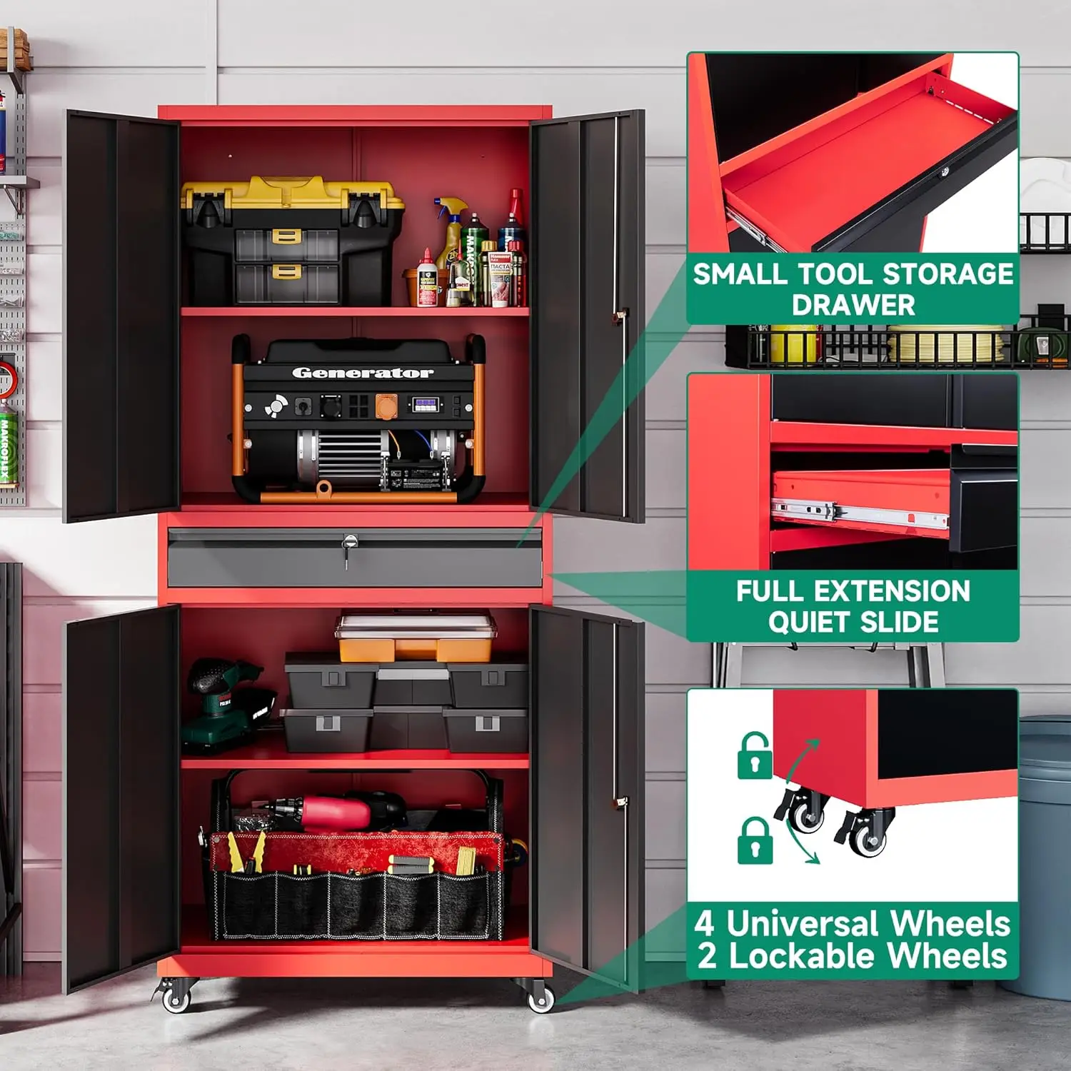 Letaya Metal Garage Storage Cabinet with Wheels Rolling Tool Cabinet with Adjustable Shelves and Drawer Home Utility Room Red