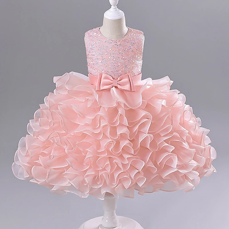 Princess Girls Sequin Layered Puffy Party Dresses Baby Kids High Quality Elegant Wedding Flower Girl Ball Gown Dress  Clothing