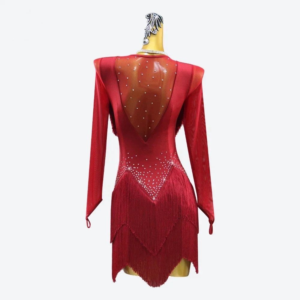 Red Latin Dance Dress Party Dress Women's Sexy Set Sportswear Competition Dress Stage Performance Ball Girl Tassel Skirt