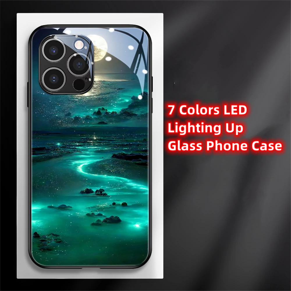 Moon Stars Sea Luminous Glass LED Call Light Up Flash Phone Case Cover For Honor 200 100 90 80 70 60 50 30 Pro