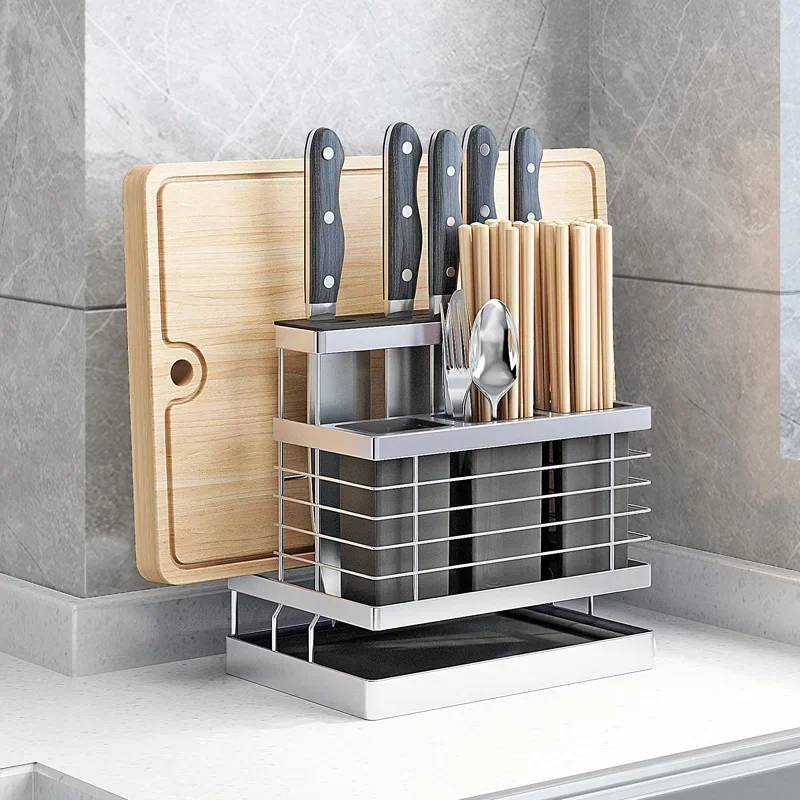 

304 Stainless Steel 3 in 1 Kitchen Sink Stand Storage Rack for Knife Holder Cutlery Chopping Board Container Tools Organizer