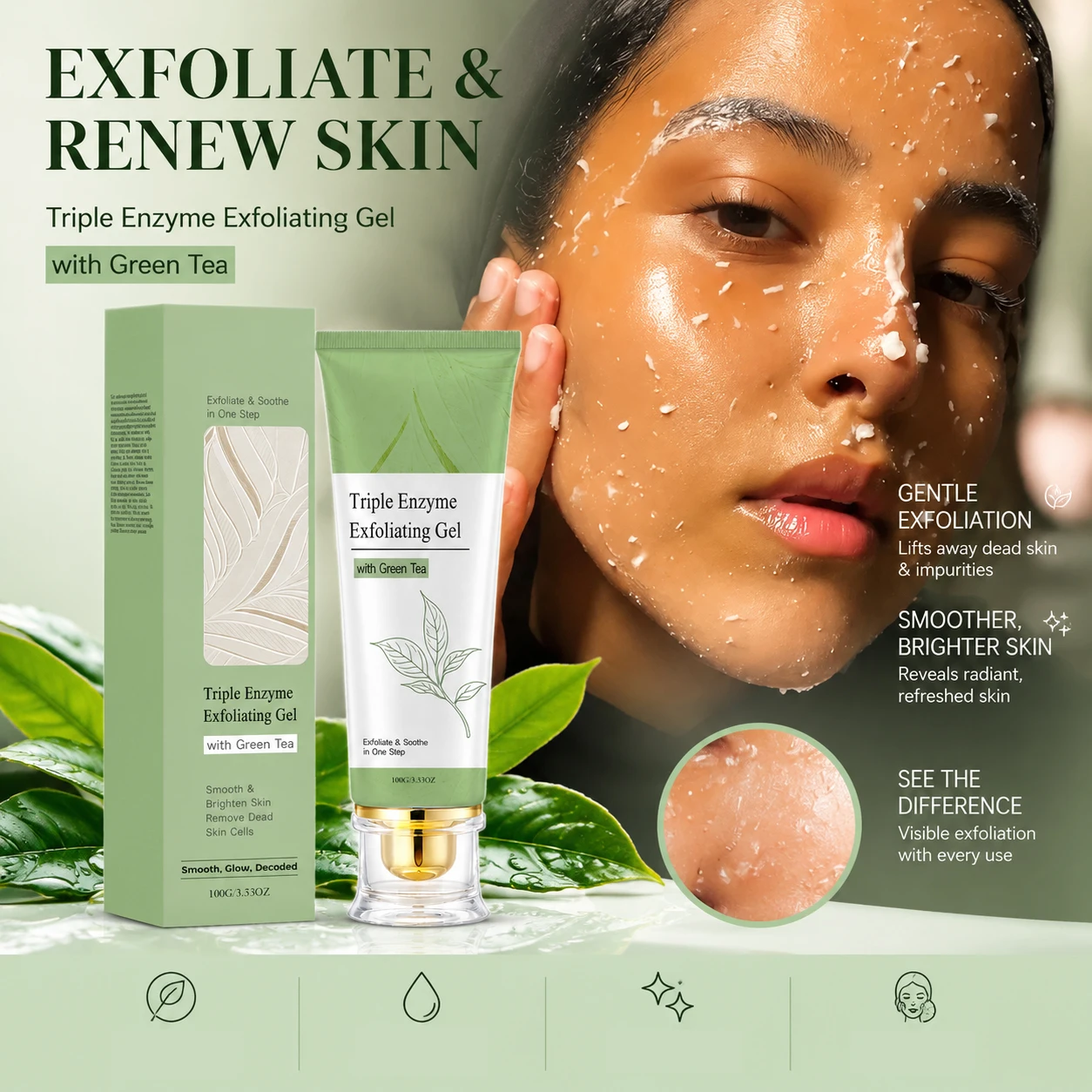 Green Tea Exfoliating Gel Facial Scrub Dead Skin Remover Smooth Skin Moisturizing Peeling Gel Face Care Plant Extracts 100g