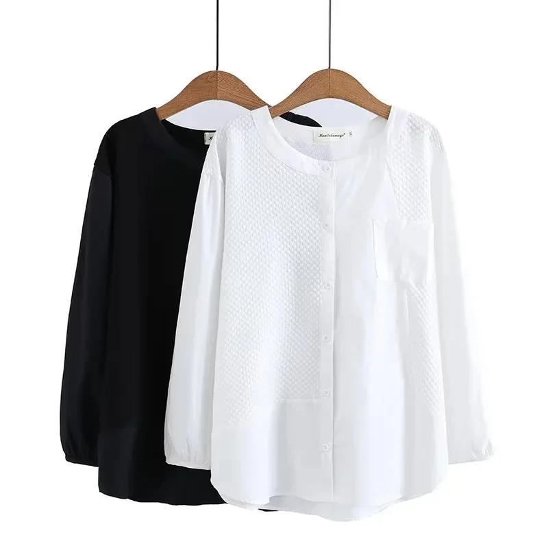 4XL Plus Size White Shirt Women 2023 Spring Stand Collar Single Pocket Cotton Blouse Long Sleeve Tops Oversized Curve Clothes