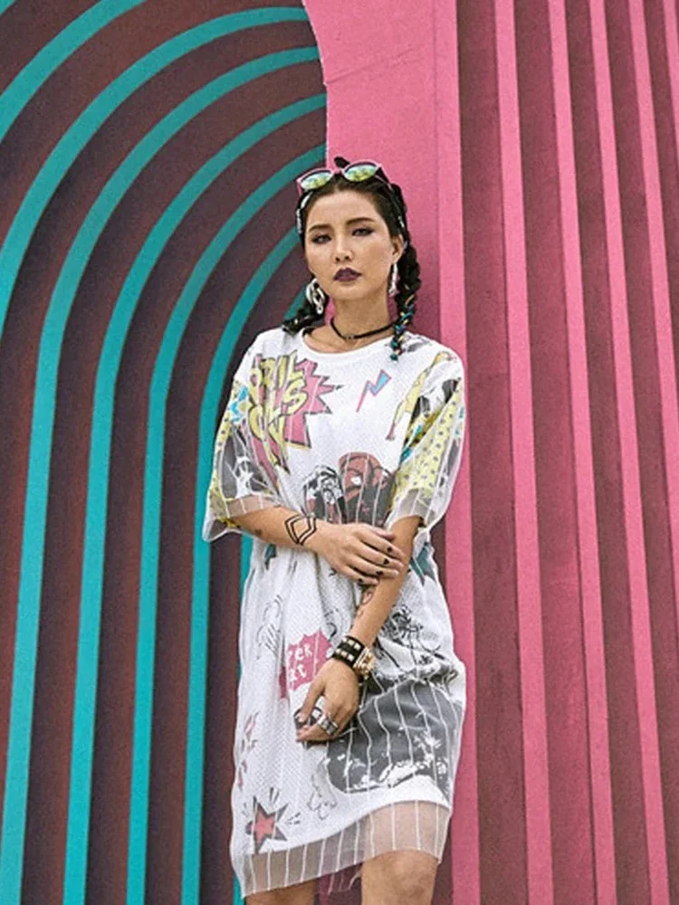 여름 여성 힙합 드레스 조수 브랜드 대형 가짜 투피스 메쉬 티셔츠 드레스 여성 레트로 헤드 샷 공주 드레스 GD296