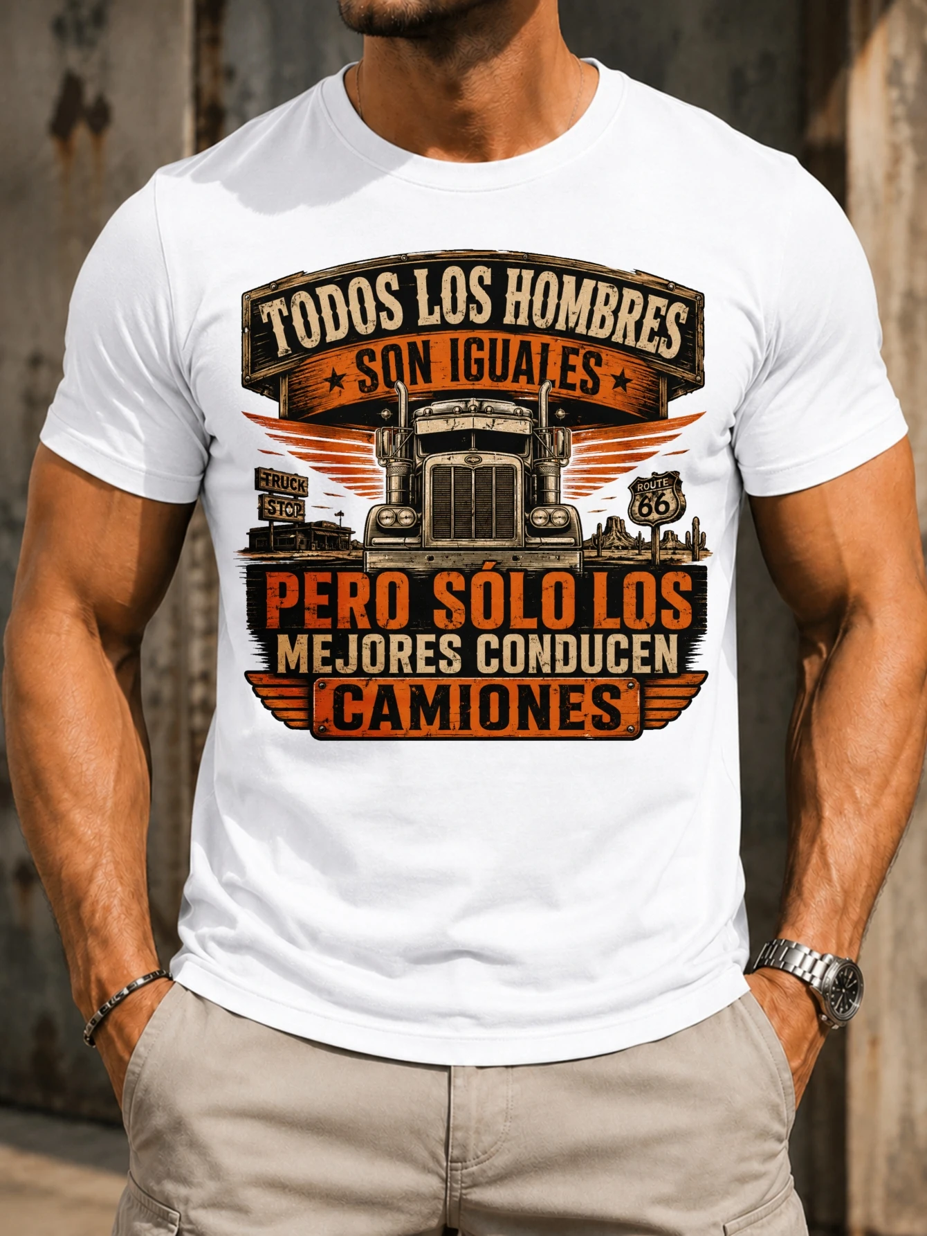 Spanish Truck Driver Route 66 Roadside  Semi Truck Front Wood Sign Look Vintage Highway Graphic  Unisex All T-Shirt