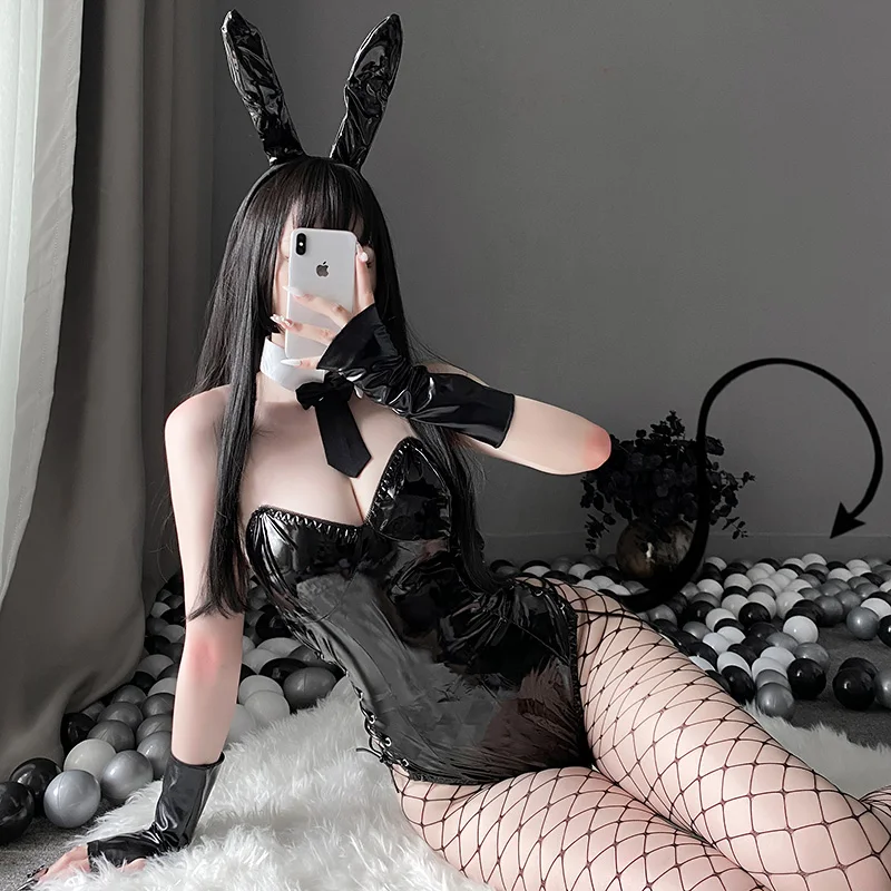 Sexy Bunny Girl Cosplay Costume PU Leather One-Piece Bodysuit Kawaii Rabbit Ears Anime Maid Outfit Women Erotic Lingerie Suit