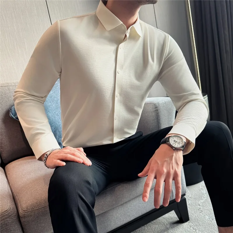 

Summer Thin Men's Shirt Long Sleeved Business Casual High Elasticity Slim Fit Top Solid Formal Dress Shirt Male Quality Clothing