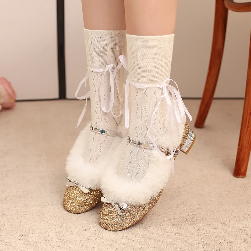 

YQBTDL 2026 Winter Shiny Fur Queen Princess Elsa Pumps Ladies High Heels Padded Plush Fluffy Fairy Masquerade Party Women Shoes