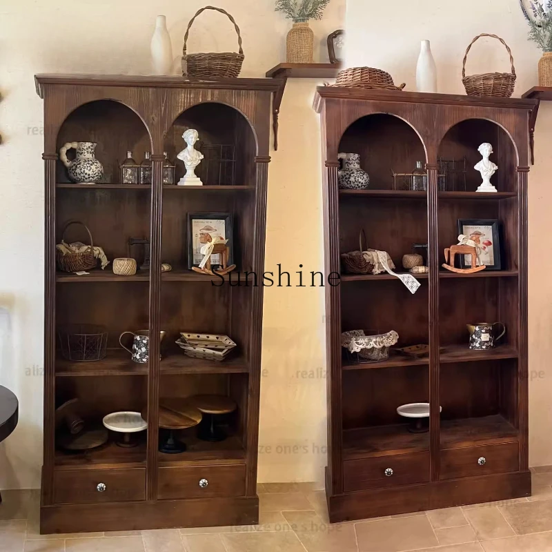 

American old arch solid wood display locker small apartment living room multi-layer storage bookshelf floor
