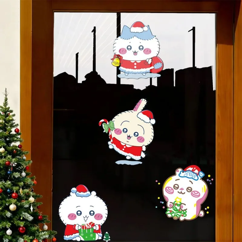 Anime Cartoon Kawaii Chiikawa New Year Christmas Day Decorate Sticker Show Window Glass Door Brightly-coloured Clear Pattern