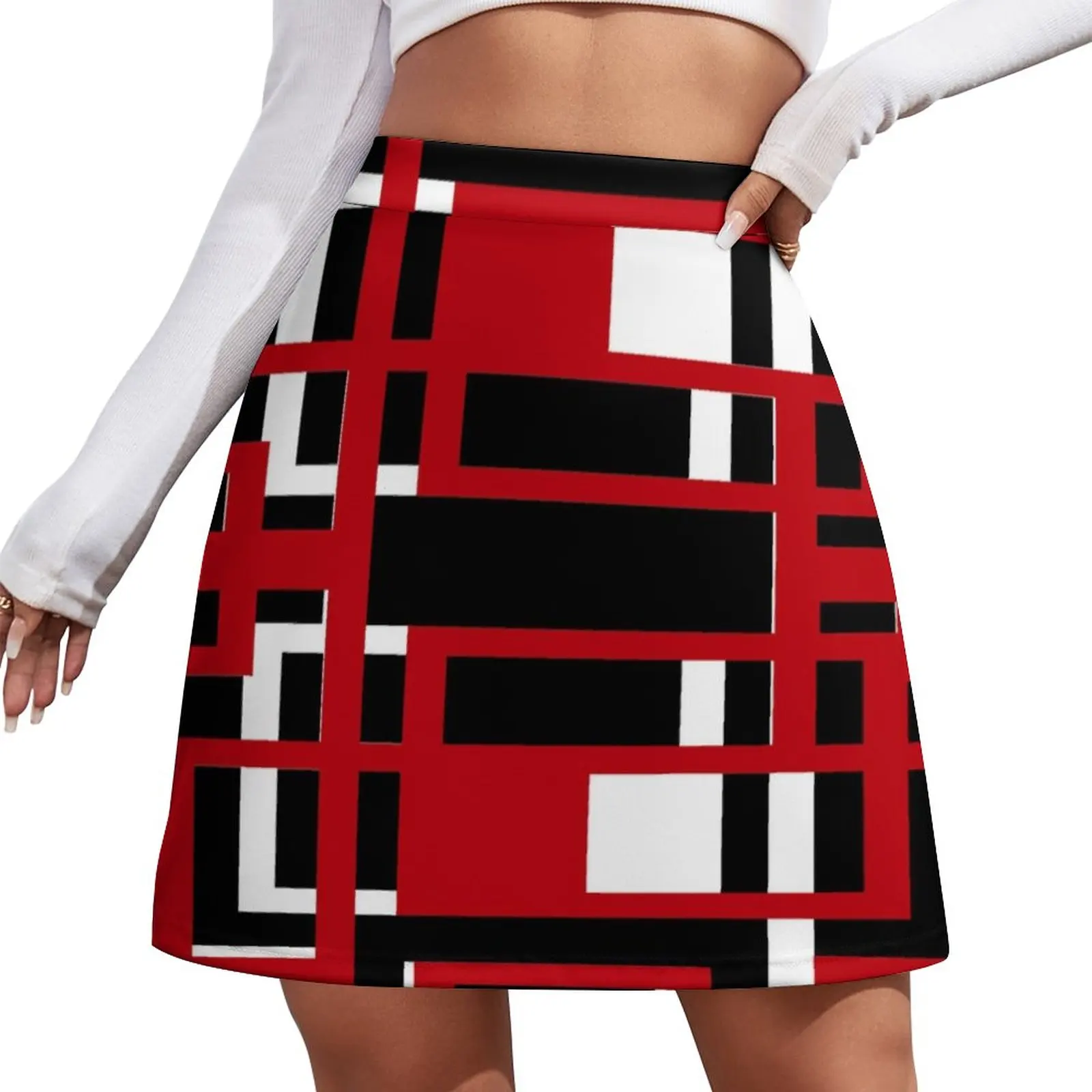 Rectangles Red and White Geo Abstract On Black Mini Skirt Women's skirt korean ladies summer Korean clothing