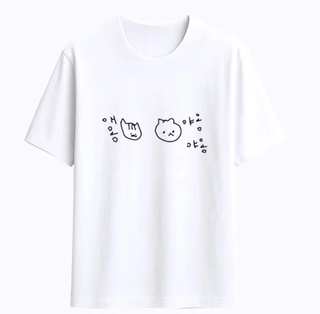 2026 Cute Cat Happy Life Doodle Short-sleeved Printed T-shirt Top Women Kawaii Line Art Cat Meme Graphic Casual Y2k Streetwear