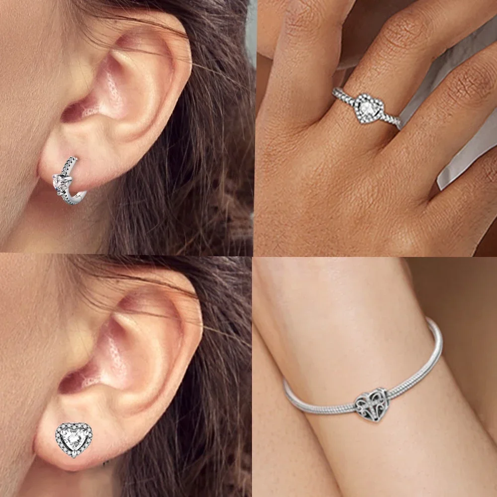 925 Sterling Silver White Shiny Love Diamond Zestaw biżuterii Seria Pierścionek Naszyjnik Kolczyki dla kobiet Słodki butik Biżuteria Prezent