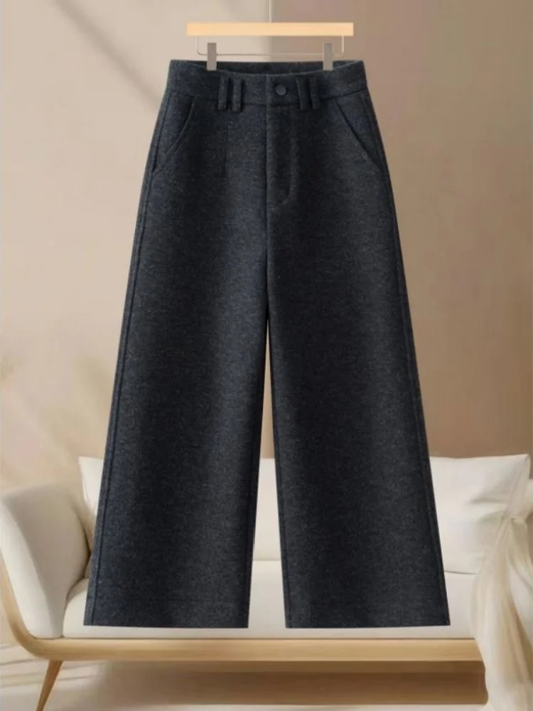 Pantalones de pierna ancha de lana drapeados de cintura alta para mujer Otoño Invierno nuevo Sle Casual corte recto pantalones ajustados para ir al trabajo Sle