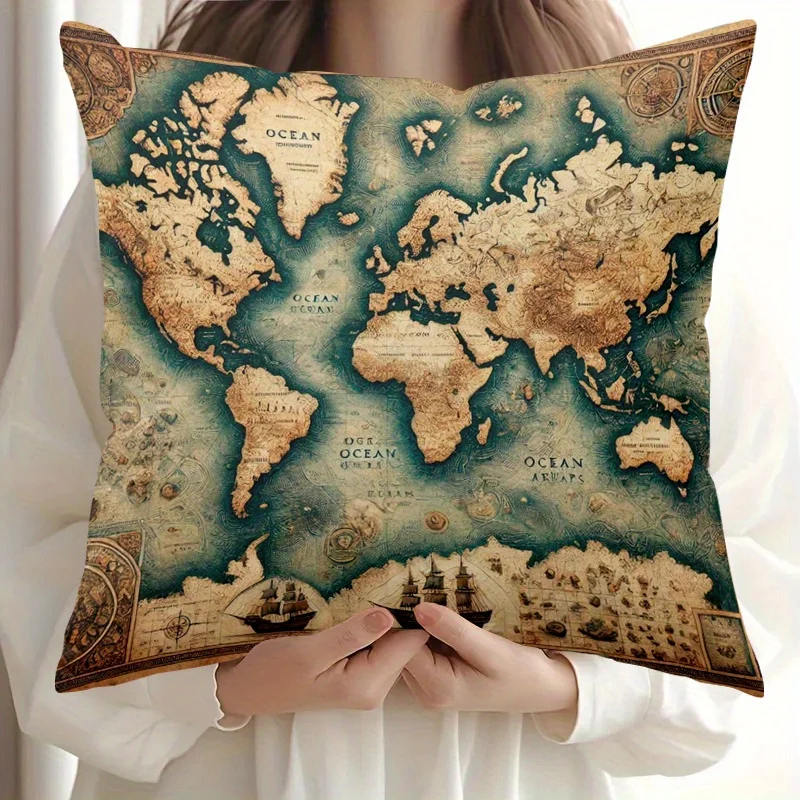 Vintage World Map Pillow Cover Double-Sided Print with Ships Compass Design for Bed Sofa or Chair Gift Nautical Theme No Insert