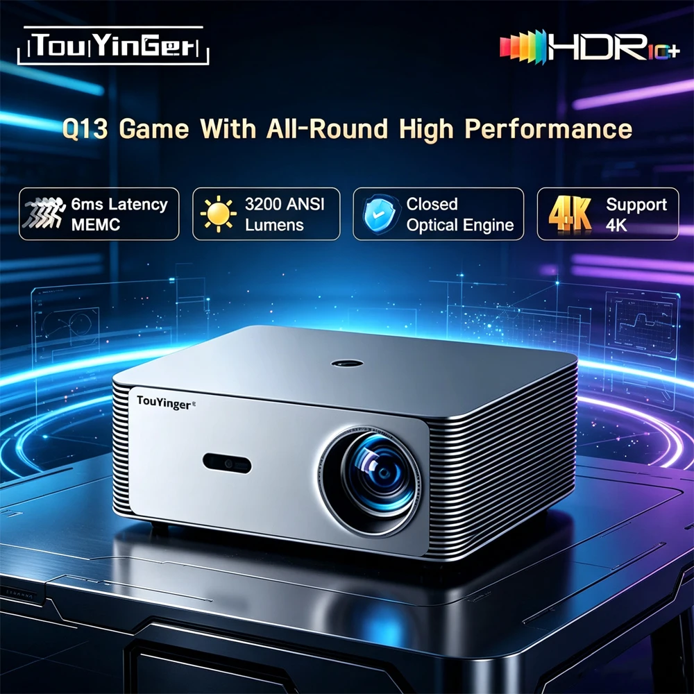 Touyinger Q13 Game Projector 4K Full HD 3200ANSI MEMC & HDR10 Portable Home Theater 2+32GB Smart TV Ultra-low Latency Beamer
