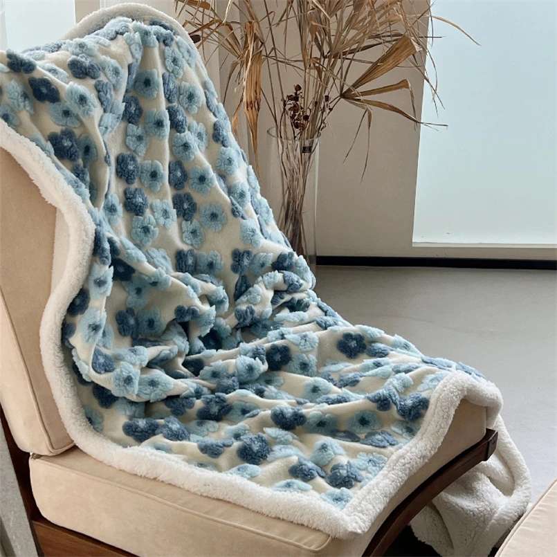 Autumn and Winter Warm Lamb Fleece Blanket Ins Stereoscopic Sakura Jacquard Wool Blanket Modern Simple Casual Sofa Blanket