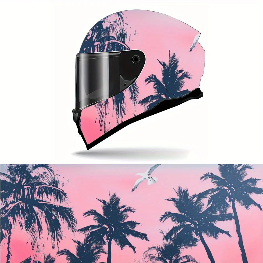 

Seagulls Flying in The Pink Sky Tropical Palm Full Face Vinyl Motorcycle Helmet Decorative Sticker Waterproof Self-adhesive Gift