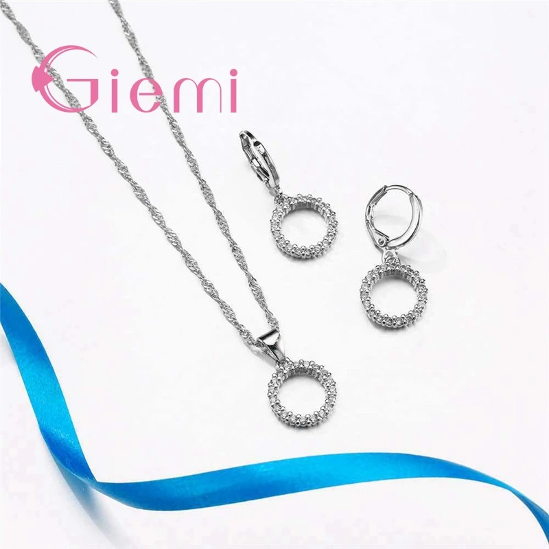 Pure 925 Sterling Silver Cubic Zircon Pendant Necklace Hoop Earrings for Women Lucky Forever Circular Full Crystal Jewelry Sets