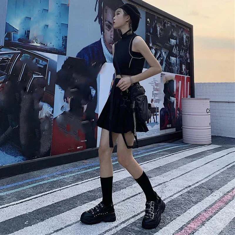 Lucyever Black Punk Gothic Women Pleated Skirts Harajuku Club High Waist Mini Skirt Girl Preppy Style A-Line Short Skirt L615